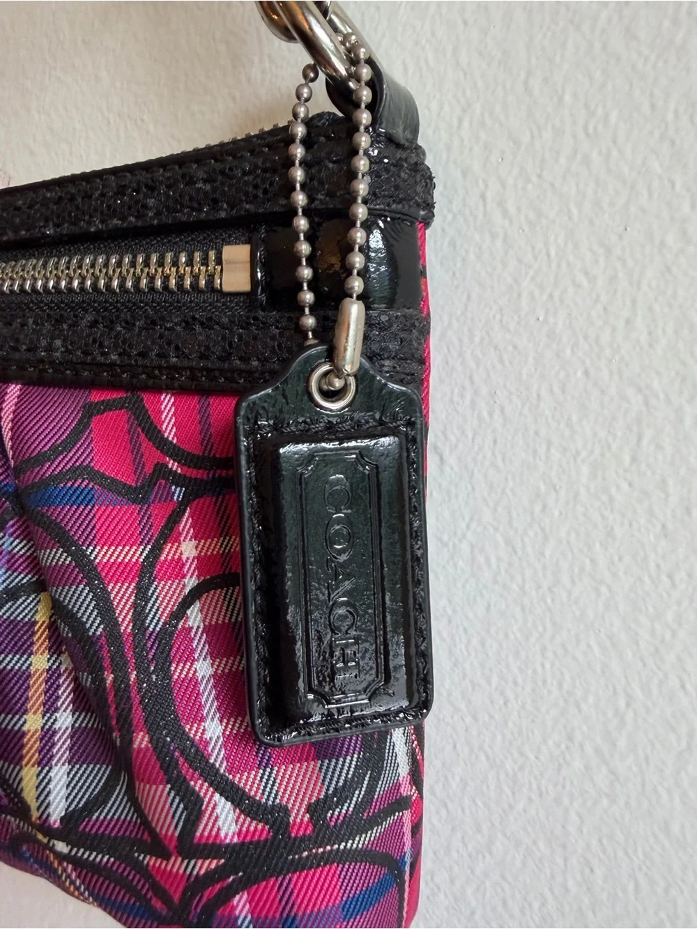 Coach Poppy Tartan Plaid Graffiti Wristlet Mini Bag Y2K Pink Purple